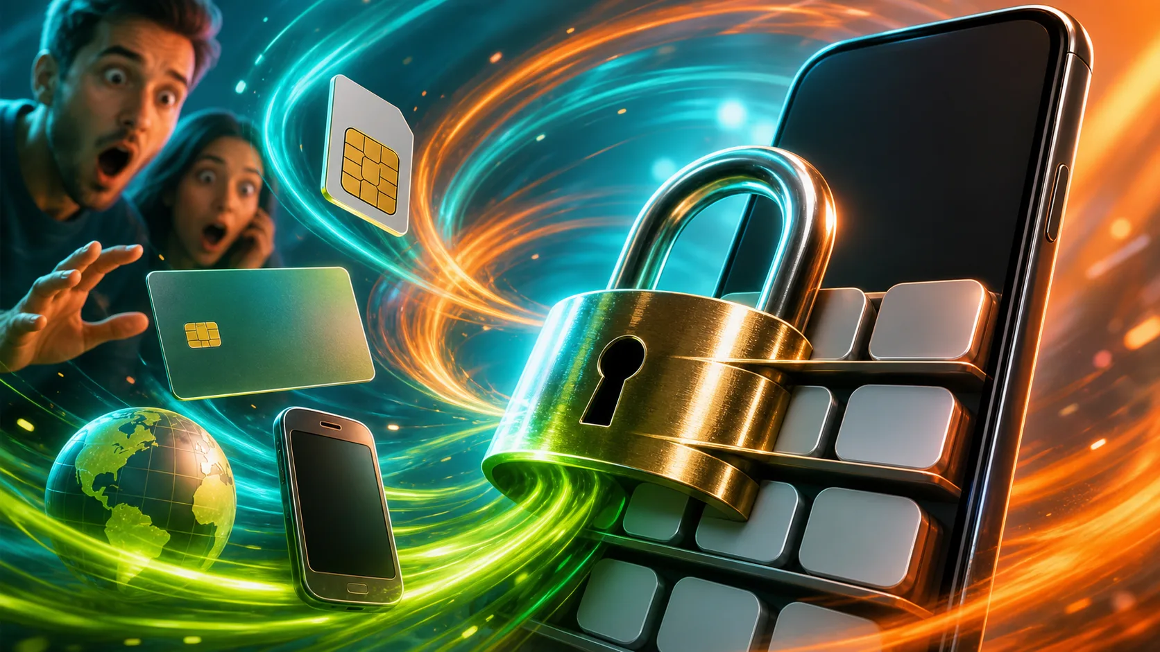Большой смартфон с пустым экраном за закрытым замком, рядом SIM-карта, платежная карта без цифр, глобус и старый телефон.