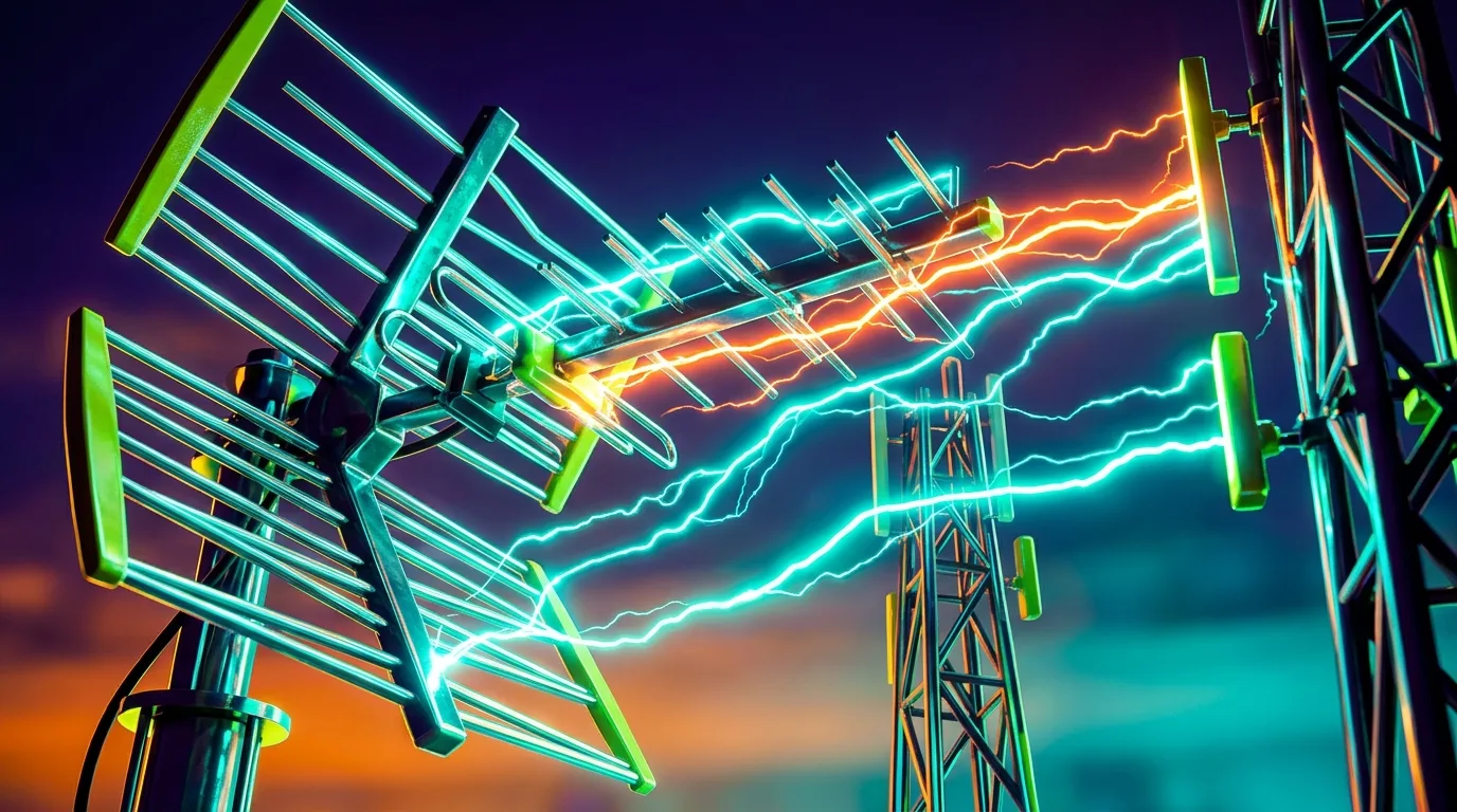 Физические антенные массивы и вышки связи 5G с динамическими светящимися лучами сигналов в тёмное время суток.