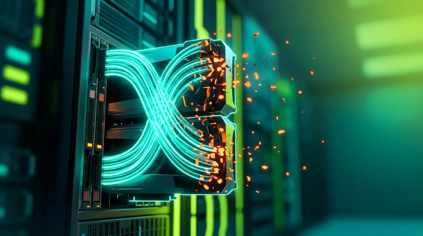 Крупный план аппаратных модулей GPU-сервера со распадающимися светящимися связями данных.