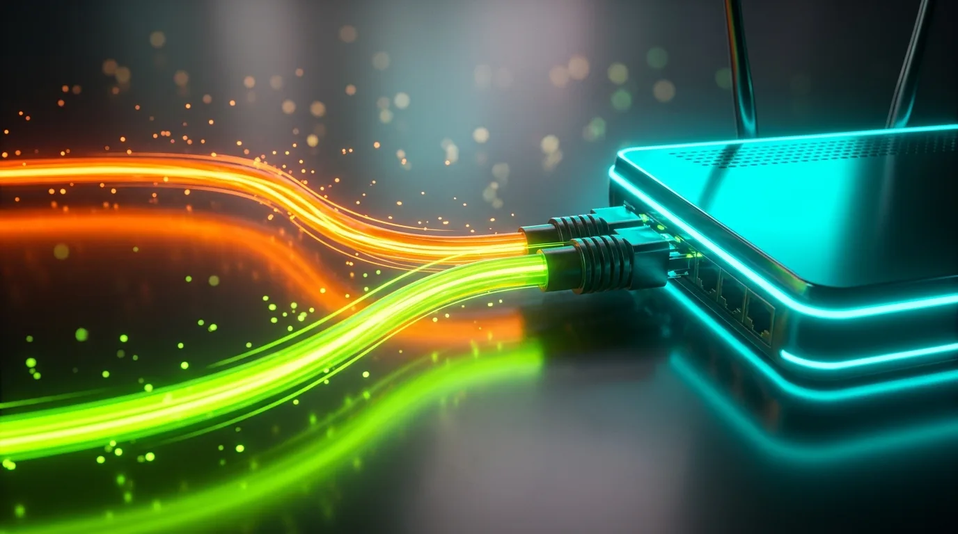 Макросъемка роутера со светящимися оптическими кабелями в сине-зеленых и оранжевых неон-тонах.