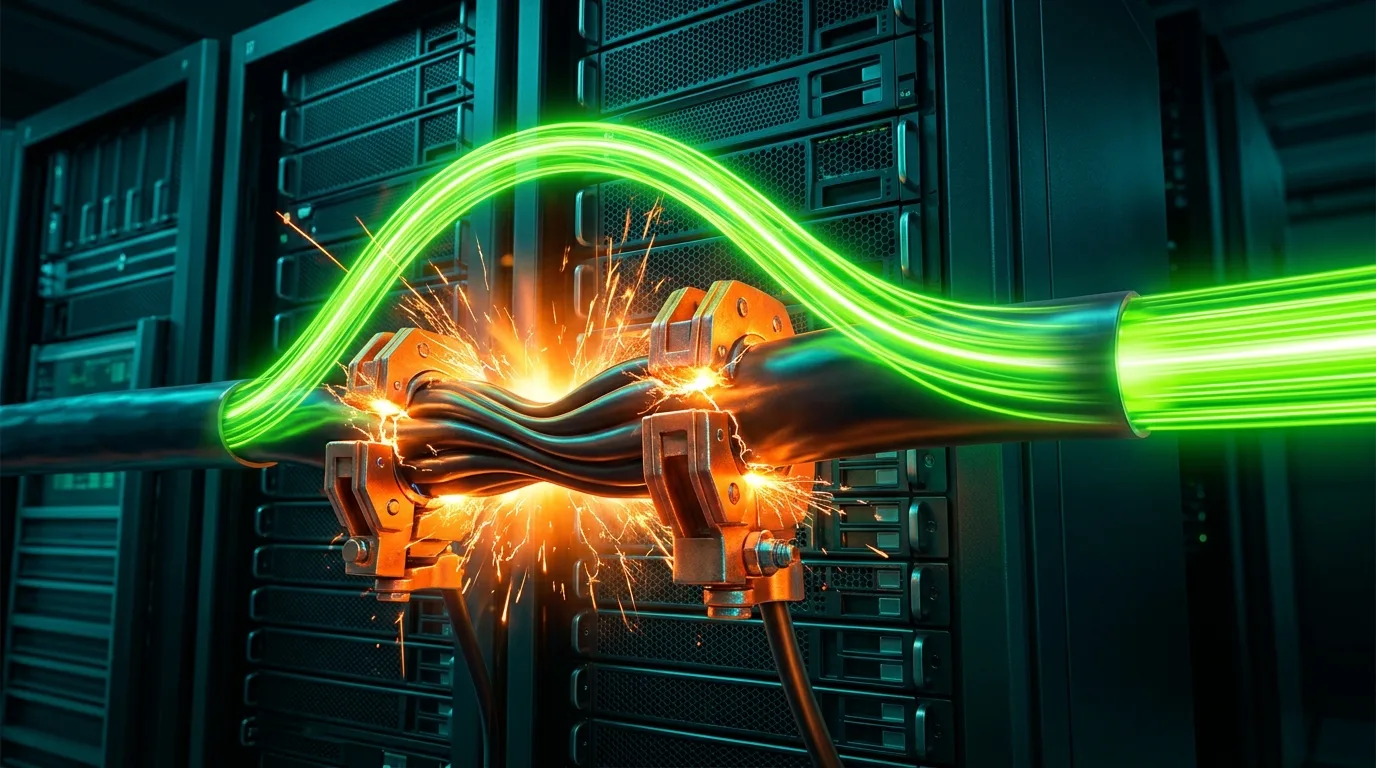 Серверная стойка с оранжевым зажимом фильтрации трафика и ярким зеленым обходным каналом